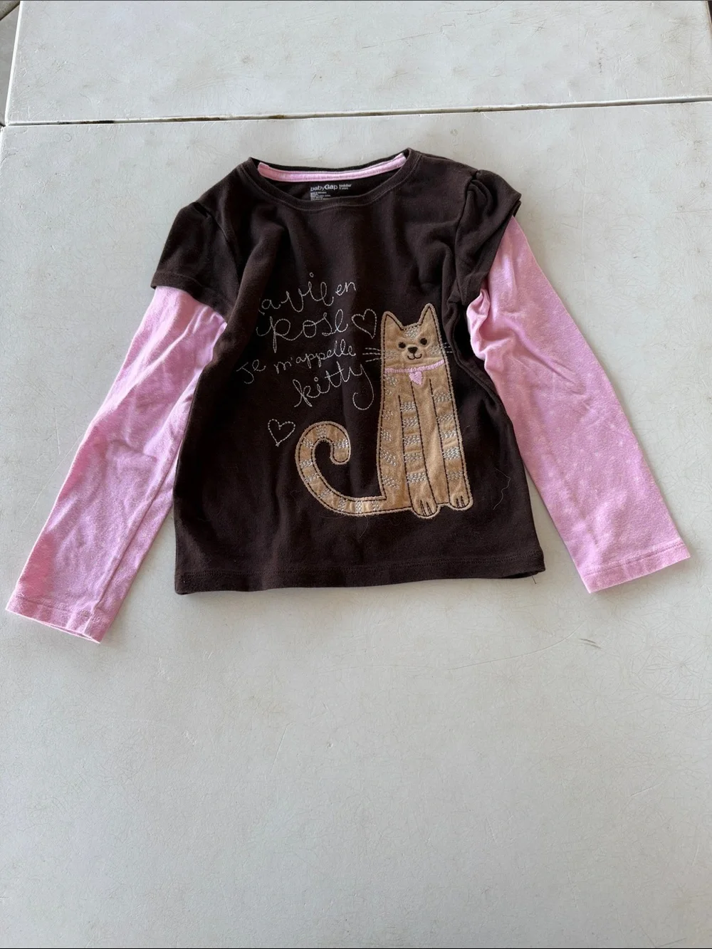 BabyGAP Brown Top with Pink Long Sleeves and Kitty Applique